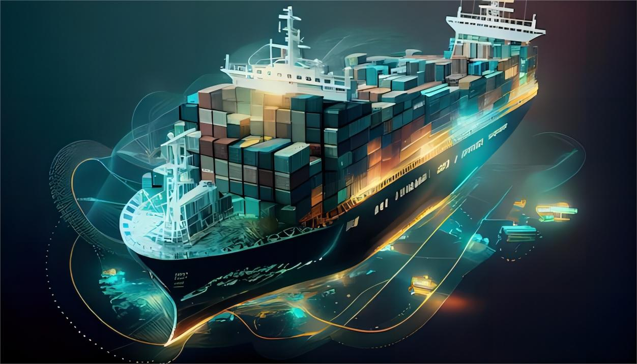 A large cargo ship being loaded at a busy international port terminal