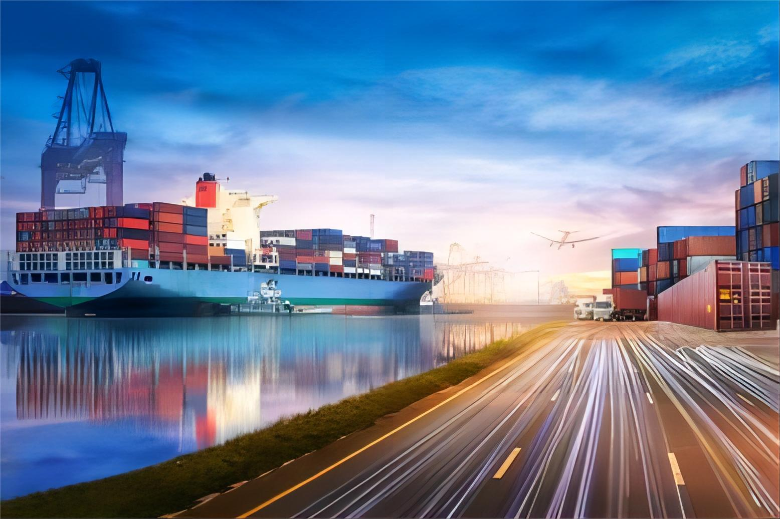 A large container ship transporting goods across the ocean for international trade.