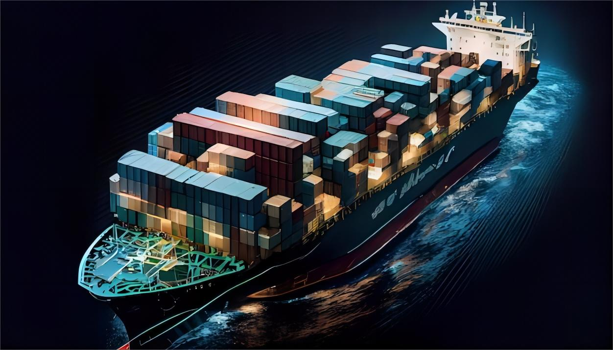 Cargo ship at a busy port representing global supply chain management.